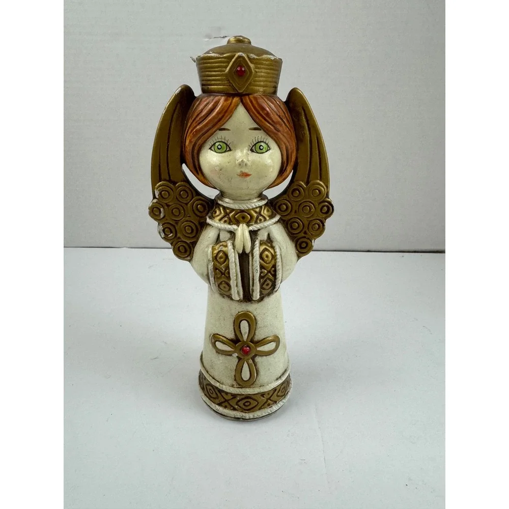 Vintage Ceramic Papier Mache Angel Figurine Gold Crown Wings Mid Century Decor